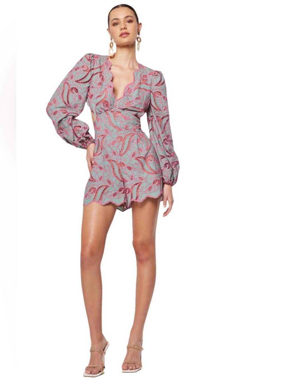 Elliot Prophecy Romper w/Embroidery and V-Neck in Pink and blue size small 1306